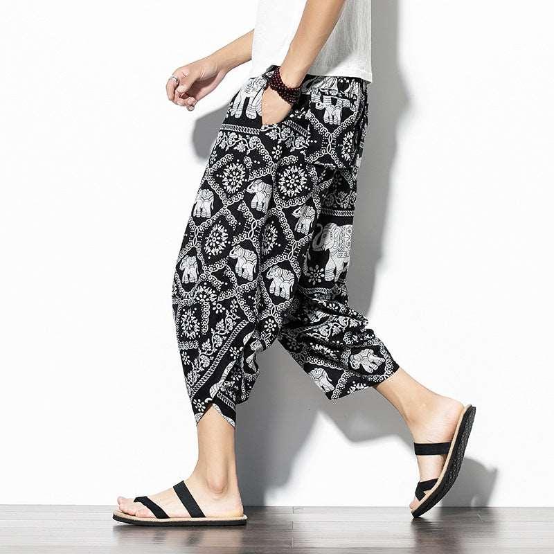 Baggy Printed Cotton-Linen Cropped Pants - Infinite Avenue