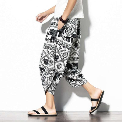 Baggy Printed Cotton-Linen Cropped Pants - Infinite Avenue