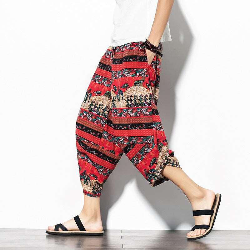 Baggy Printed Cotton-Linen Cropped Pants Red Infinite Avenue