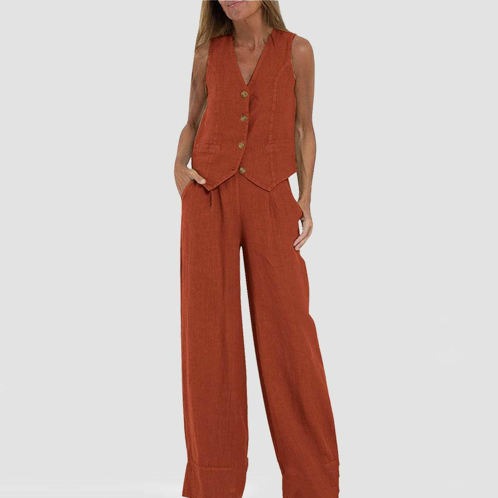 Casual V-Neck Vest Suit: Sleeveless Top & Loose Trousers - Infinite Avenue