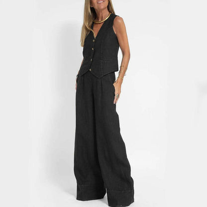 Casual V-Neck Vest Suit: Sleeveless Top & Loose Trousers - Infinite Avenue