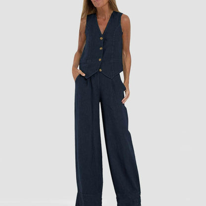 Casual V-Neck Vest Suit: Sleeveless Top & Loose Trousers - Infinite Avenue