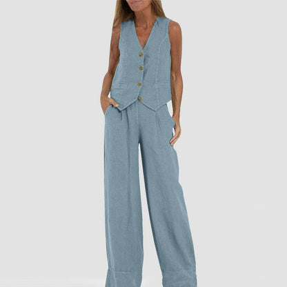 Casual V-Neck Vest Suit: Sleeveless Top & Loose Trousers - Infinite Avenue