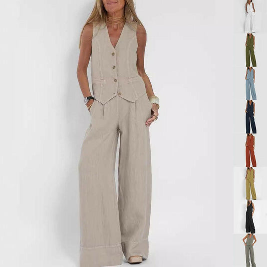 Casual V-Neck Vest Suit: Sleeveless Top & Loose Trousers - Infinite Avenue