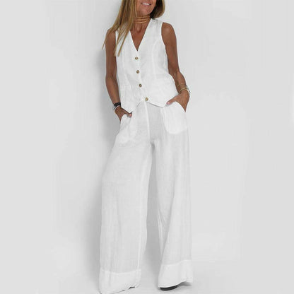 Casual V-Neck Vest Suit: Sleeveless Top & Loose Trousers - Infinite Avenue