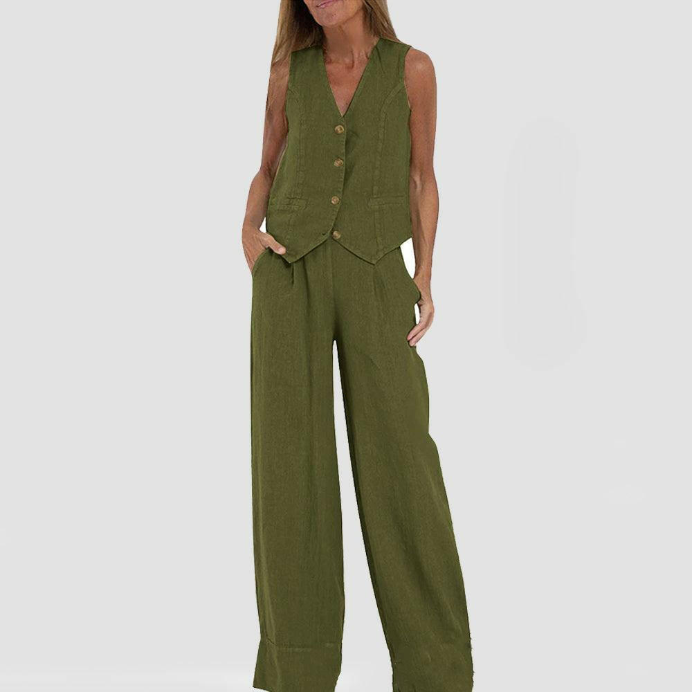 Casual V-Neck Vest Suit: Sleeveless Top & Loose Trousers - Infinite Avenue