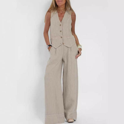 Casual V-Neck Vest Suit: Sleeveless Top & Loose Trousers - Infinite Avenue