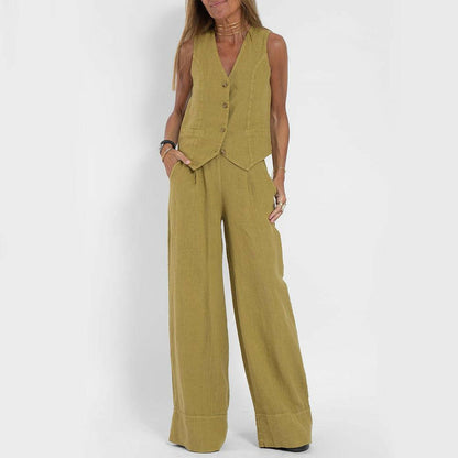 Casual V-Neck Vest Suit: Sleeveless Top & Loose Trousers - Infinite Avenue