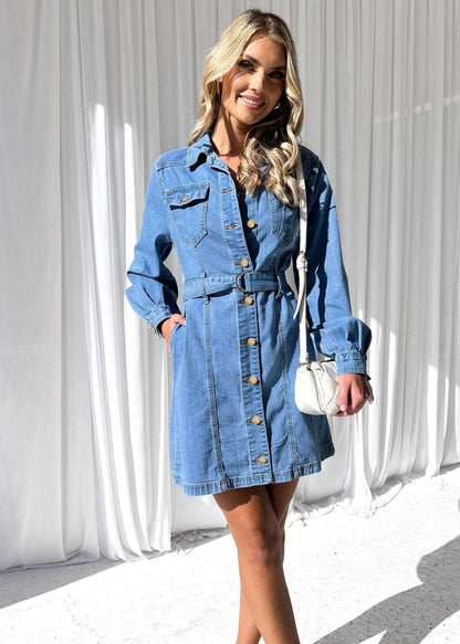 Fashion Casual Button Denim Dress Women Light Blue Infinite Avenue