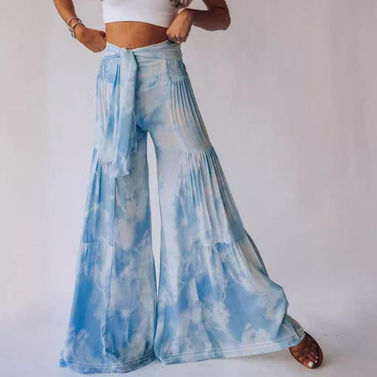 Fashion Printed Waist-Controlled Lace-Up Straight Pants Blue Infinite Avenue