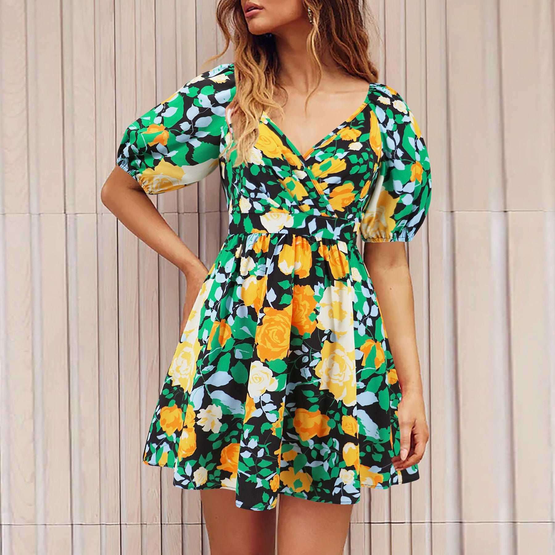 Floral V-Neck Lantern-Sleeve Dress - Y2K Summer Beachwear Yellow Green Infinite Avenue