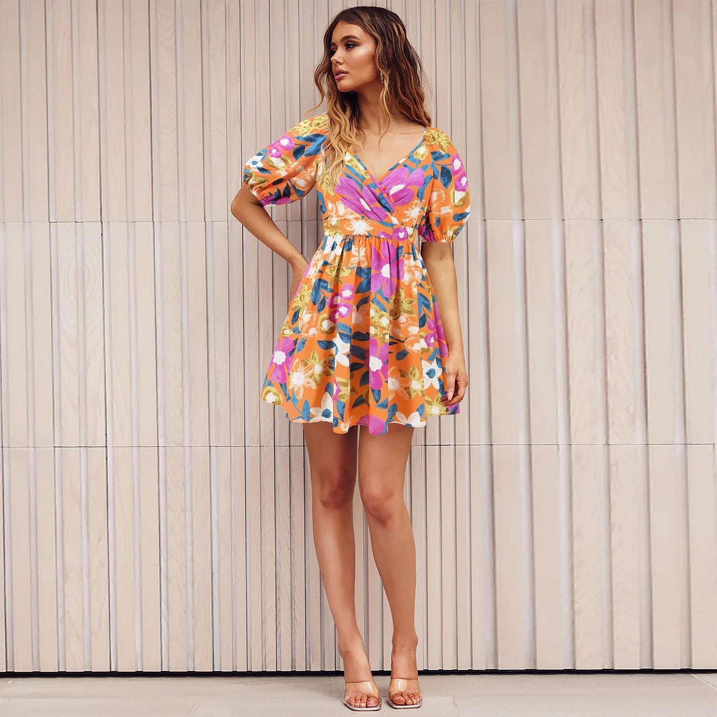 Floral V-Neck Lantern-Sleeve Dress - Y2K Summer Beachwear Infinite Avenue