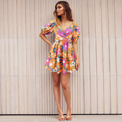 Floral V-Neck Lantern-Sleeve Dress - Y2K Summer Beachwear Infinite Avenue