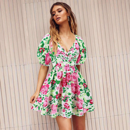 Floral V-Neck Lantern-Sleeve Dress - Y2K Summer Beachwear Infinite Avenue