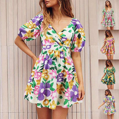 Floral V-Neck Lantern-Sleeve Dress - Y2K Summer Beachwear Infinite Avenue