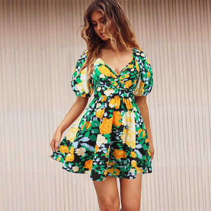 Floral V-Neck Lantern-Sleeve Dress - Y2K Summer Beachwear Infinite Avenue