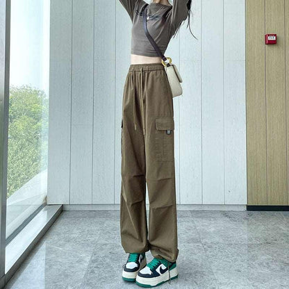 High-Waist Drawstring Wide-Leg Sports Pants Brown Infinite Avenue