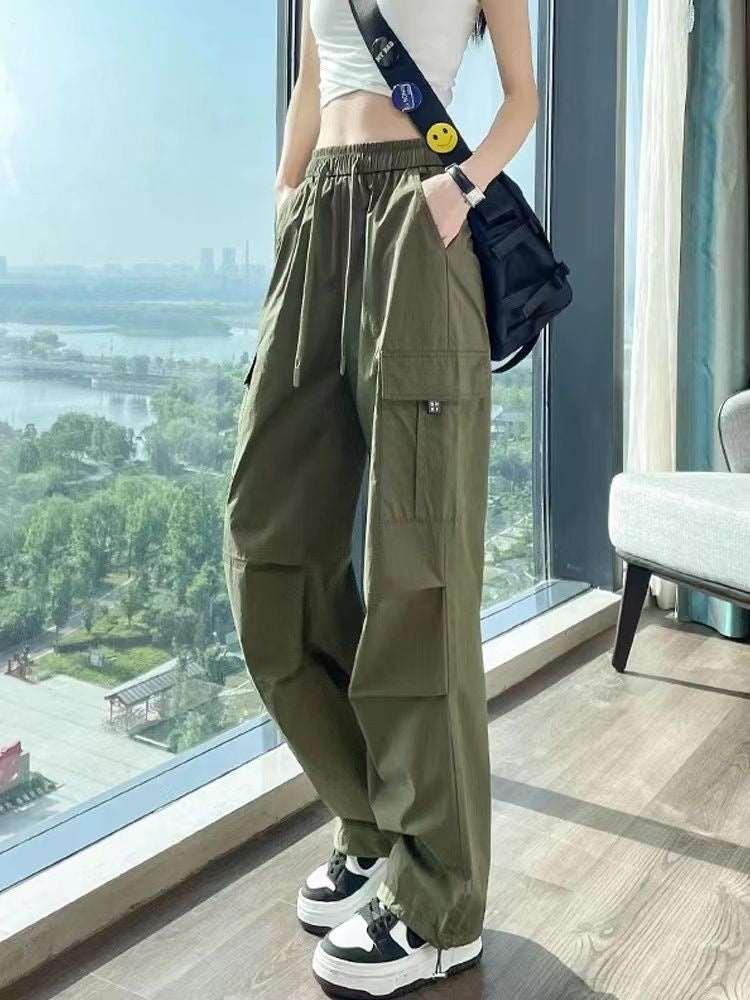 High-Waist Drawstring Wide-Leg Sports Pants Army Green Infinite Avenue