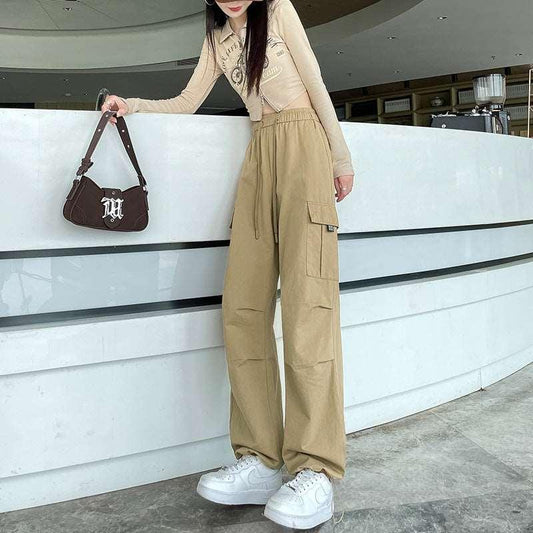 High-Waist Drawstring Wide-Leg Sports Pants Khaki Infinite Avenue