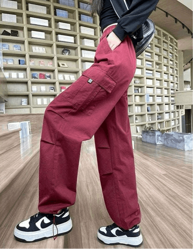 High-Waist Drawstring Wide-Leg Sports Pants Wine Red Infinite Avenue