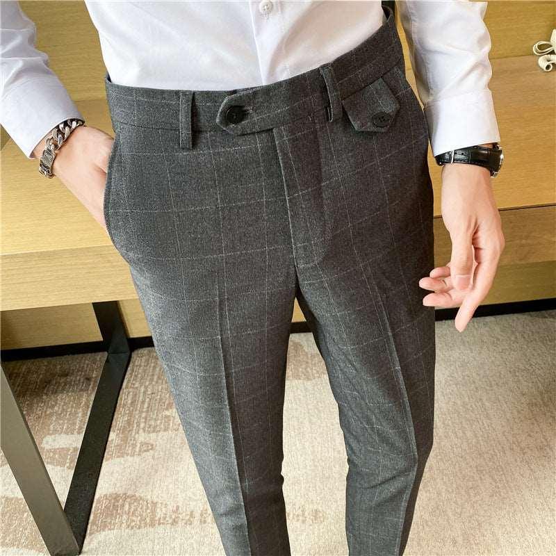 Korean Style Checkered Slim Fit Men’s Suit Pants Gray Infinite Avenue