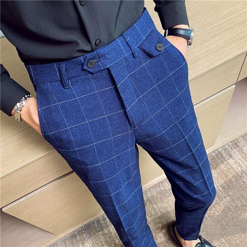 Korean Style Checkered Slim Fit Men’s Suit Pants Blue Infinite Avenue