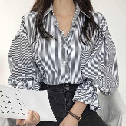 Lapel Contrast Puff Sleeve Shirt Infinite Avenue