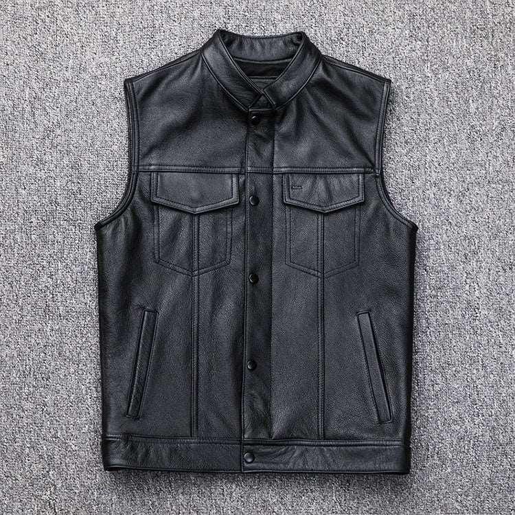 Leather Motorcycle Vest Waistcoat - Plus Size Casual Buttoned Black Infinite Avenue