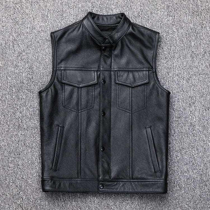 Leather Motorcycle Vest Waistcoat - Plus Size Casual Buttoned Black Infinite Avenue