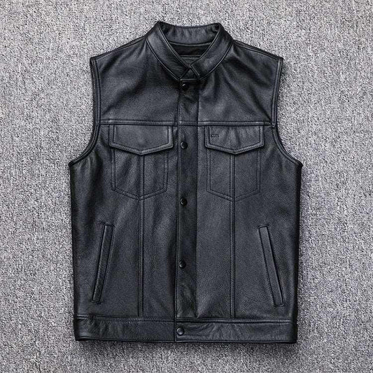 Leather Motorcycle Vest Waistcoat - Plus Size Casual Buttoned - Infinite Avenue