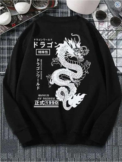 Men's Autumn and Winter Loose Tokyo Dragon Print Crewneck Black Infinite Avenue