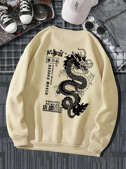 Men's Autumn and Winter Loose Tokyo Dragon Print Crewneck Khaki Infinite Avenue