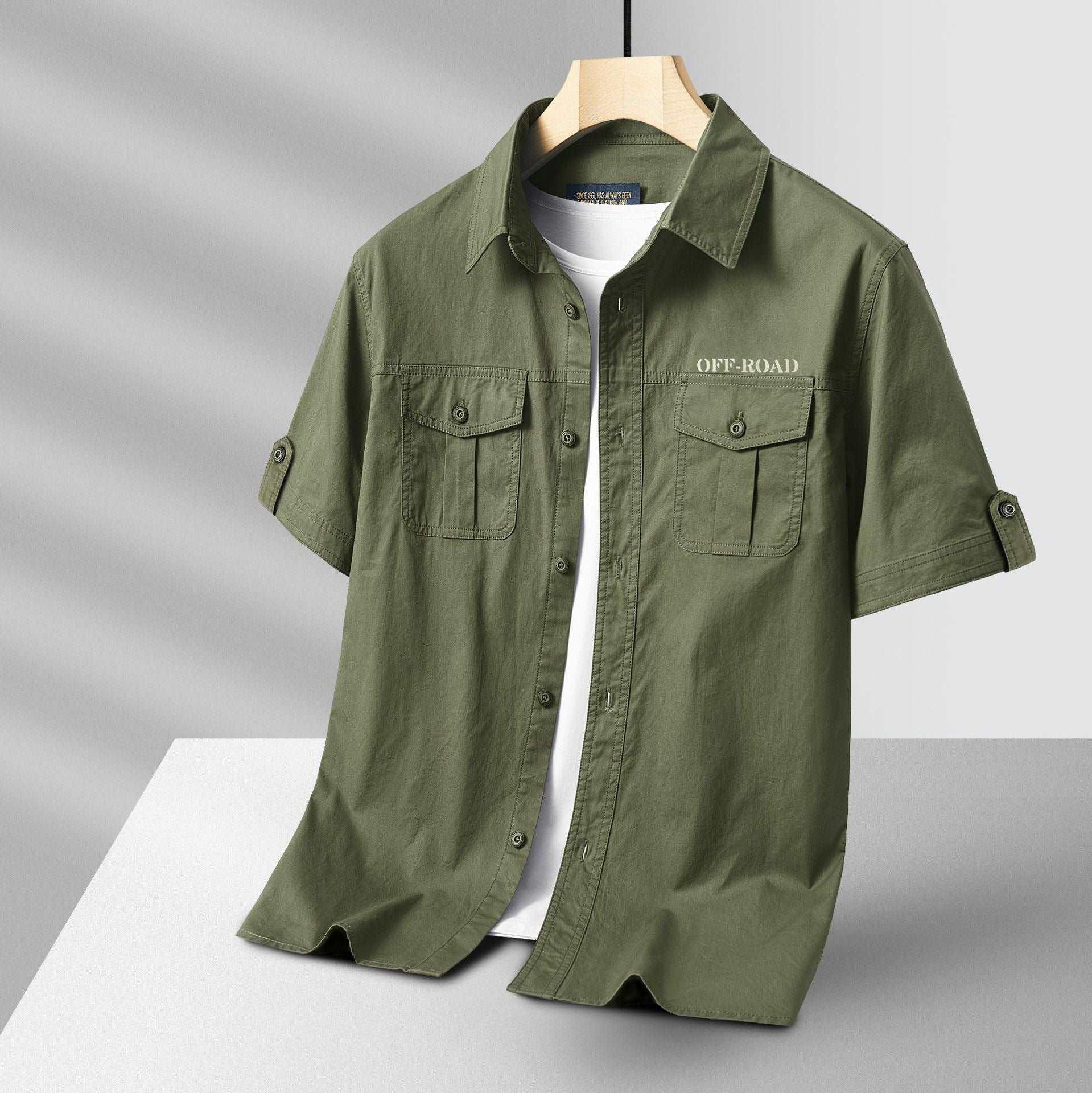 Men’s Cotton Short-Sleeve Business Shirt Army Green Infinite Avenue