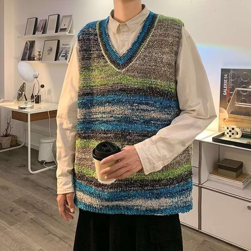 Men's Gradient Knitted Loose V-neck Sleeveless Sweater Vest Infinite Avenue