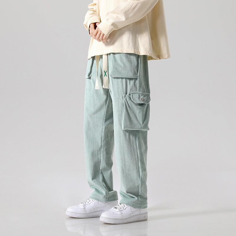 Loose All-matching Corduroy Multi-pocket Straight Cargo Pants Green Infinite Avenue