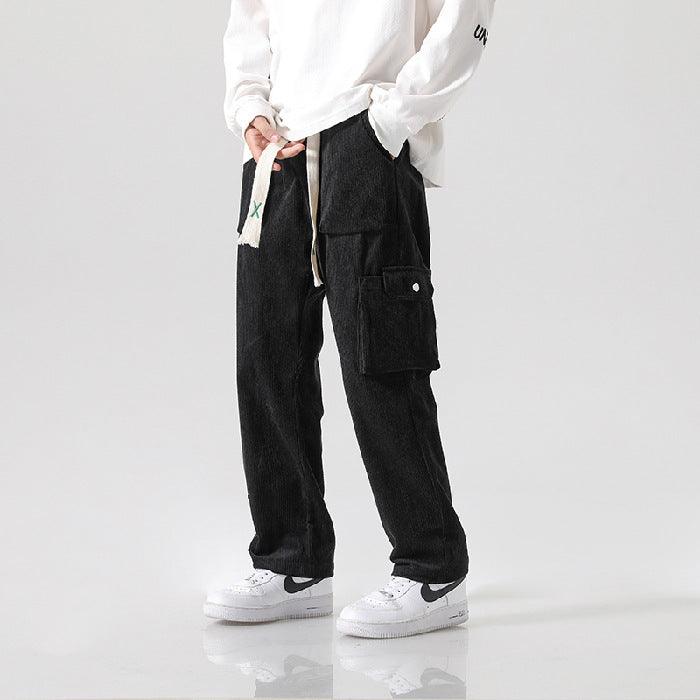 Loose All-matching Corduroy Multi-pocket Straight Cargo Pants Black Infinite Avenue