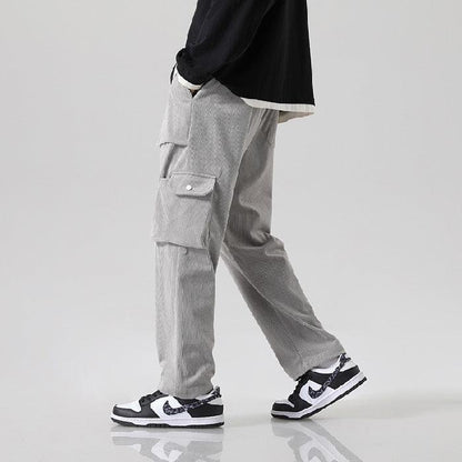 Loose All-matching Corduroy Multi-pocket Straight Cargo Pants Light Gray Infinite Avenue