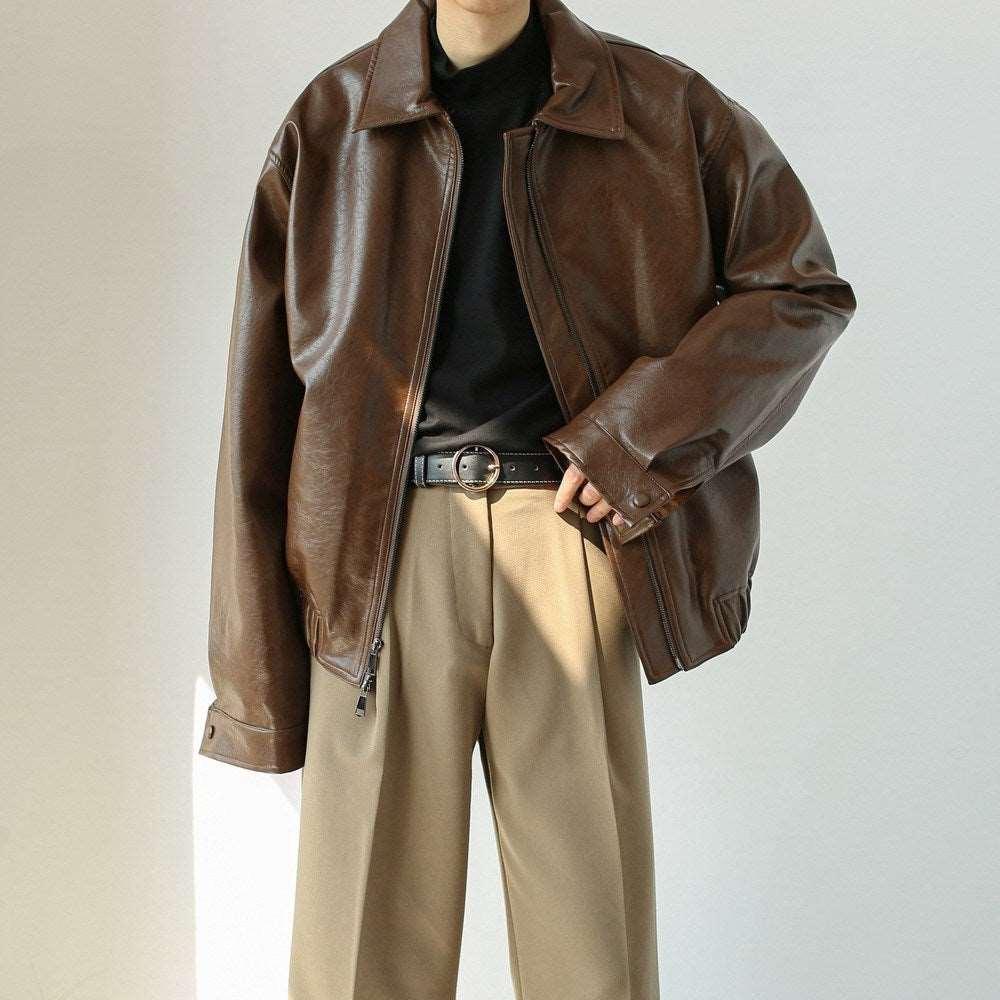 Men's Retro Short Personalized Leather Coat Brown Infinite Avenue