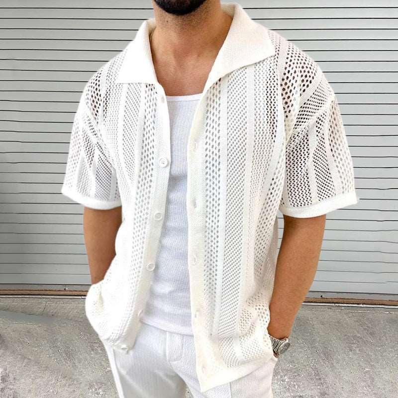 Men's Thin Sweater Lapel Short Sleeve Hollow Cardigan - Infinite Avenue