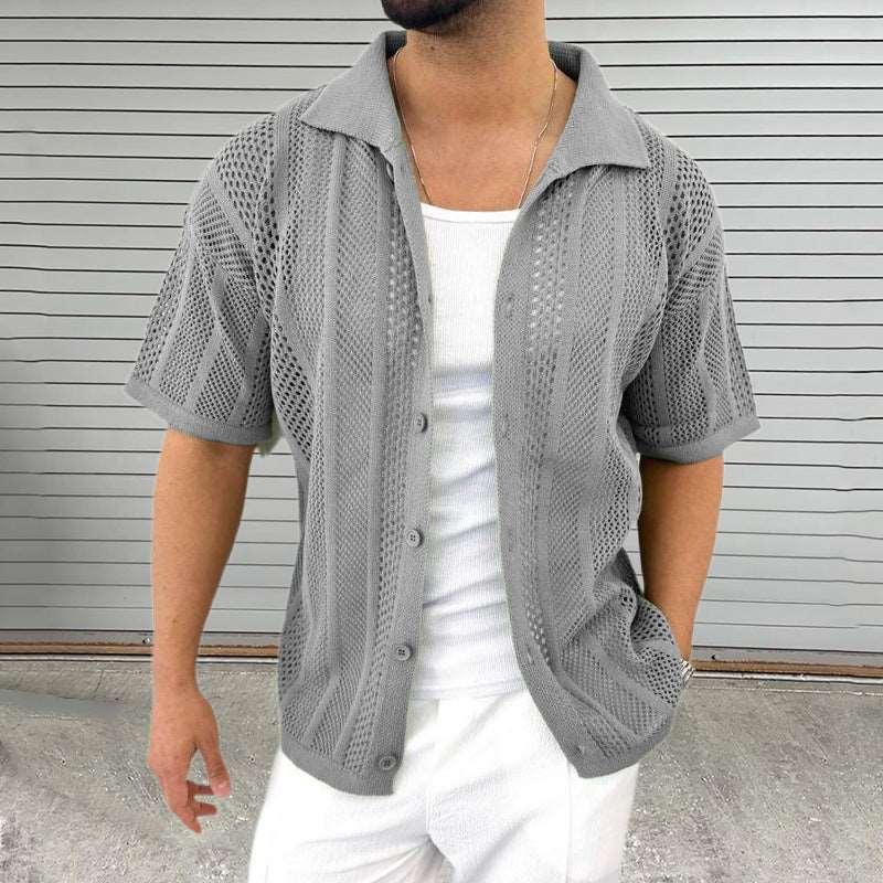 Men's Thin Sweater Lapel Short Sleeve Hollow Cardigan - Infinite Avenue