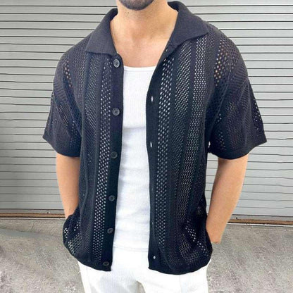 Men's Thin Sweater Lapel Short Sleeve Hollow Cardigan - Infinite Avenue