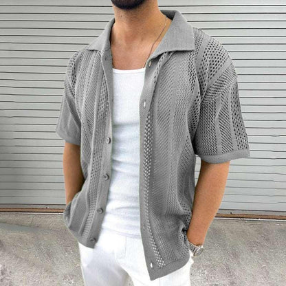 Men's Thin Sweater Lapel Short Sleeve Hollow Cardigan Gray Infinite Avenue