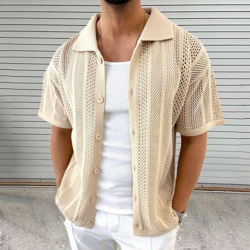 Men's Thin Sweater Lapel Short Sleeve Hollow Cardigan - Infinite Avenue