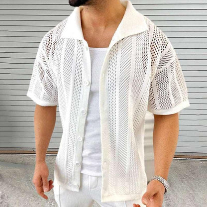 Men's Thin Sweater Lapel Short Sleeve Hollow Cardigan Infinite Avenue