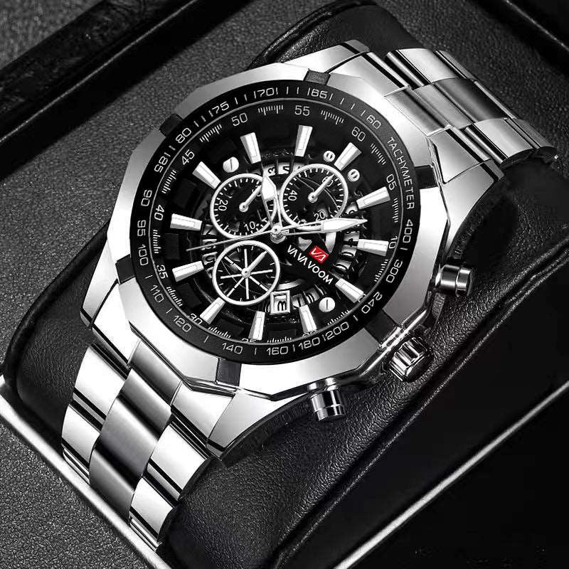 Steel Band Men's Three Eyes And Six Needles Luminous Calendar Waterproof Quartz Watch Infinite Avenue