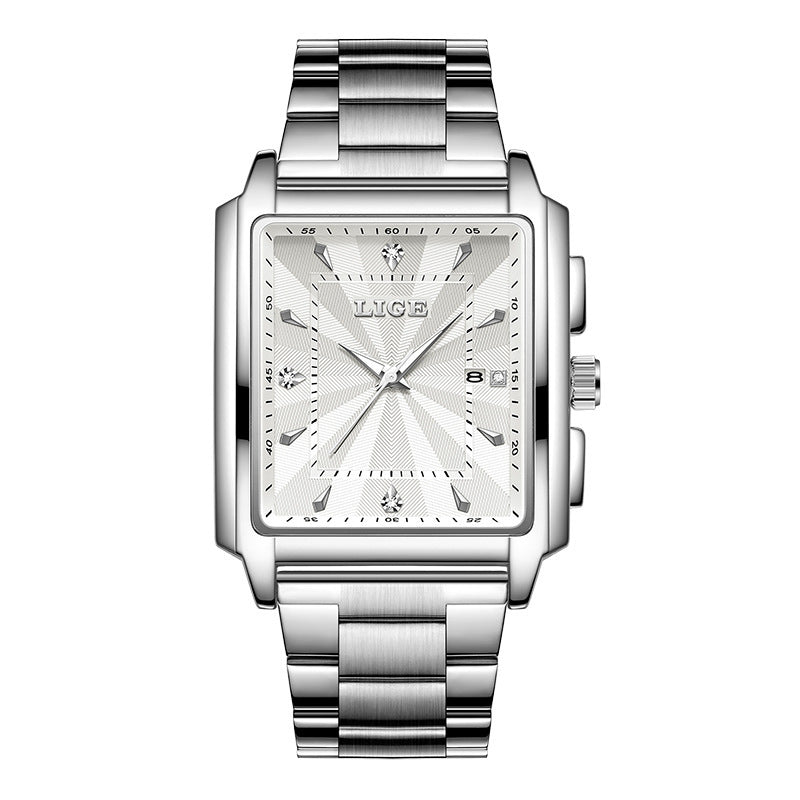 Men's Square Large Dial Steel Belt Simple Watch LG89121E Silver White Infinite Avenue