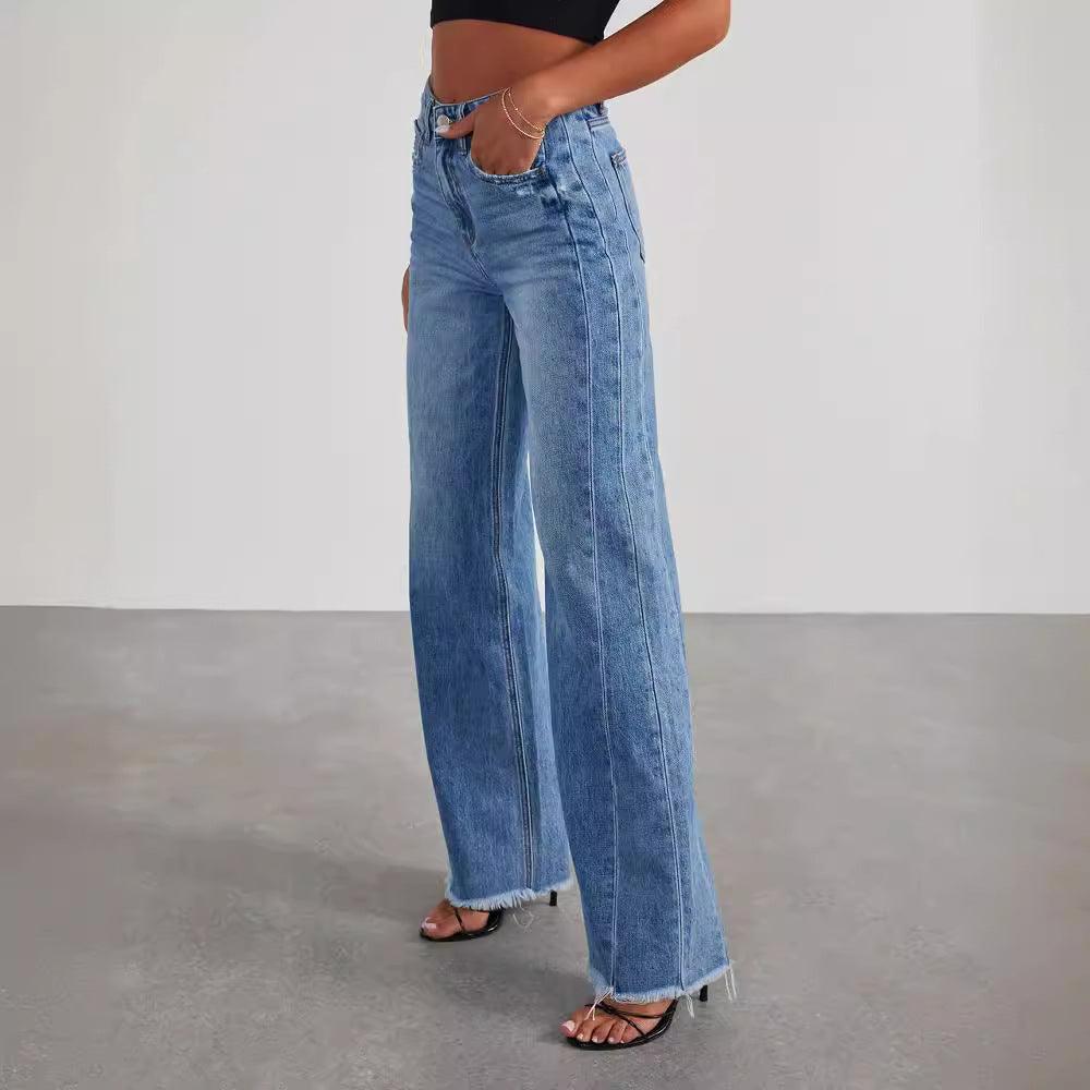 Women’s Loose Wide-leg Frayed Hem Jeans - Infinite Avenue