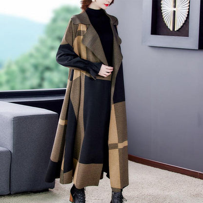 Women’s Elegant Plaid Woolen Trench Coat - Infinite Avenue