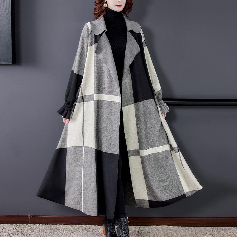 Women’s Elegant Plaid Woolen Trench Coat - Infinite Avenue