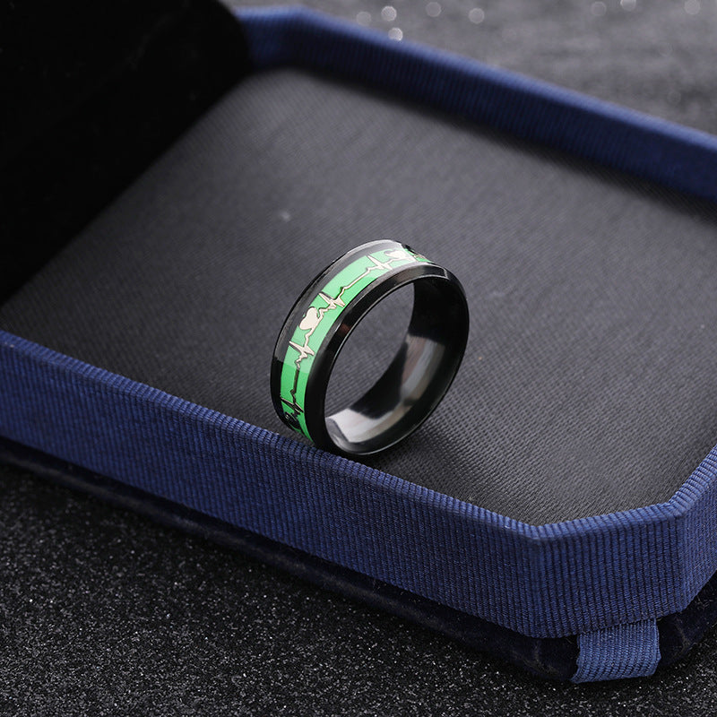 Dragon Scale Luminous ECG Couple Love Titanium Steel Ring Black Background Green Infinite Avenue